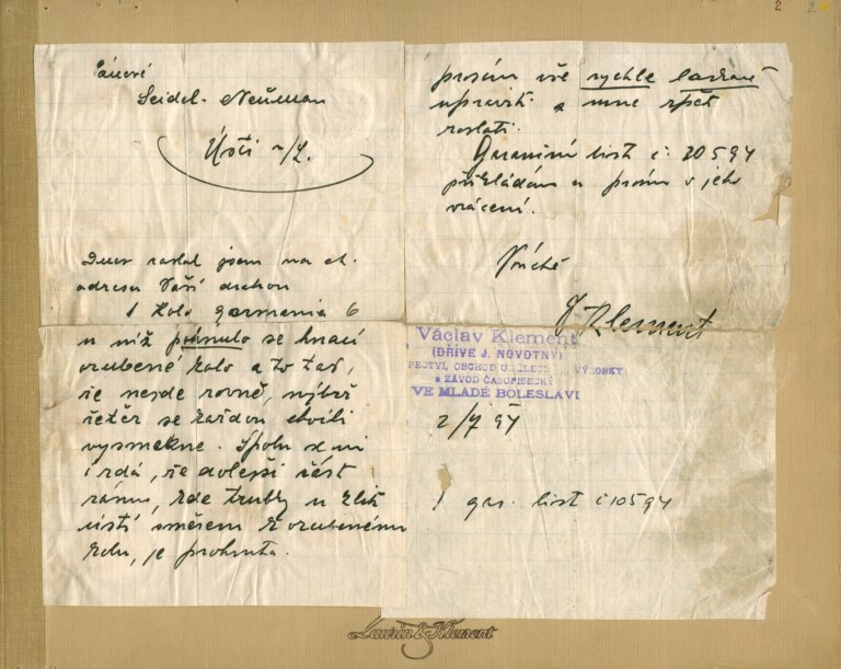 The original of the scathing letter that Václav Klement sent in 1894 to German manufacturer Seidel & Naumann along with a complaint about his bicycle. The reply infuriated him, but also inspired him to set up his own workshop.