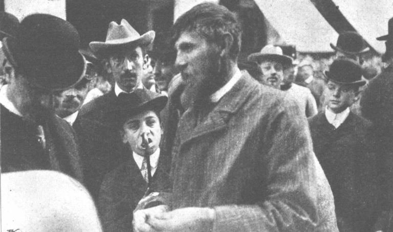 Václav Klement is in the newspapers again; according to the caption, he is talking about his experiences at the finish line.