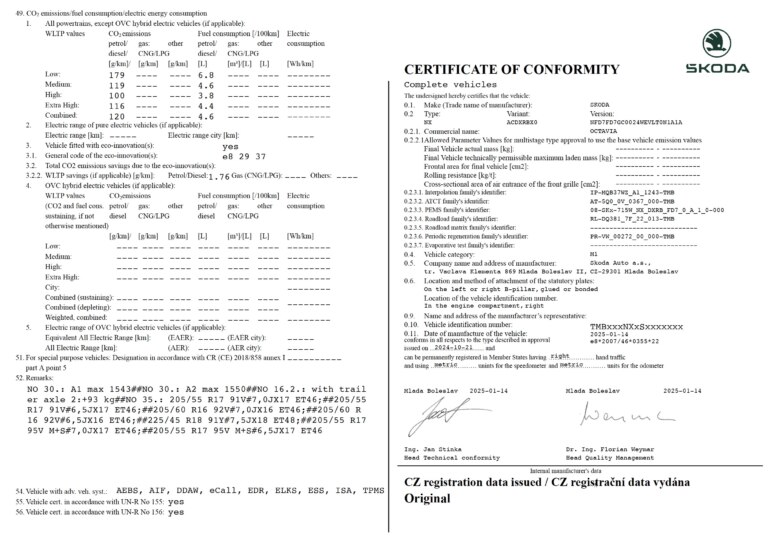 COC (Certificate of Conformity) for Škoda Octavia