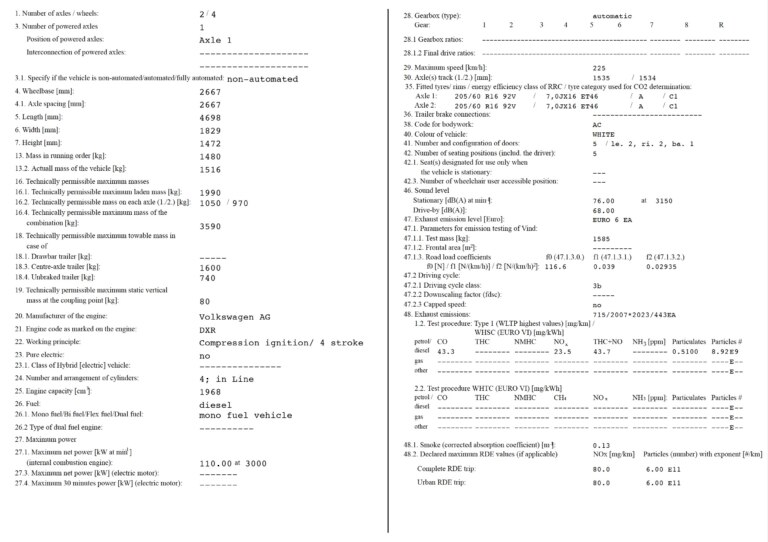 COC (Certificate of Conformity) for Škoda Octavia