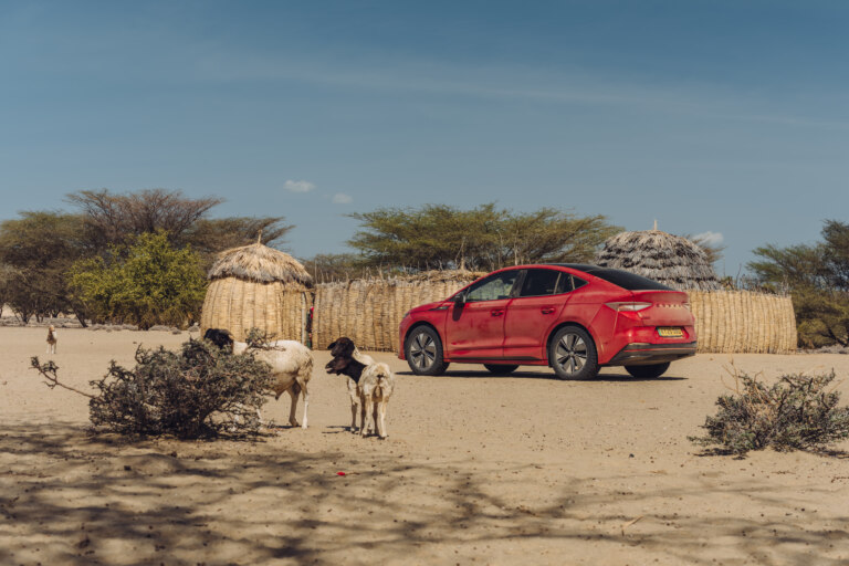 Sand, heat, and camels. The Enyaq RS explores the origins of humankind