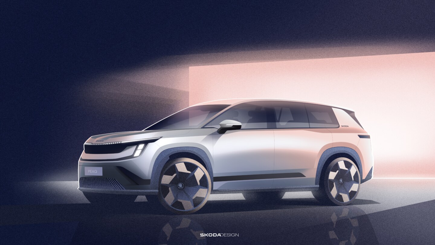 Škoda predstavuje exteriérové skice svojho úplne nového sedemmiestneho elektrického modelu Peaq